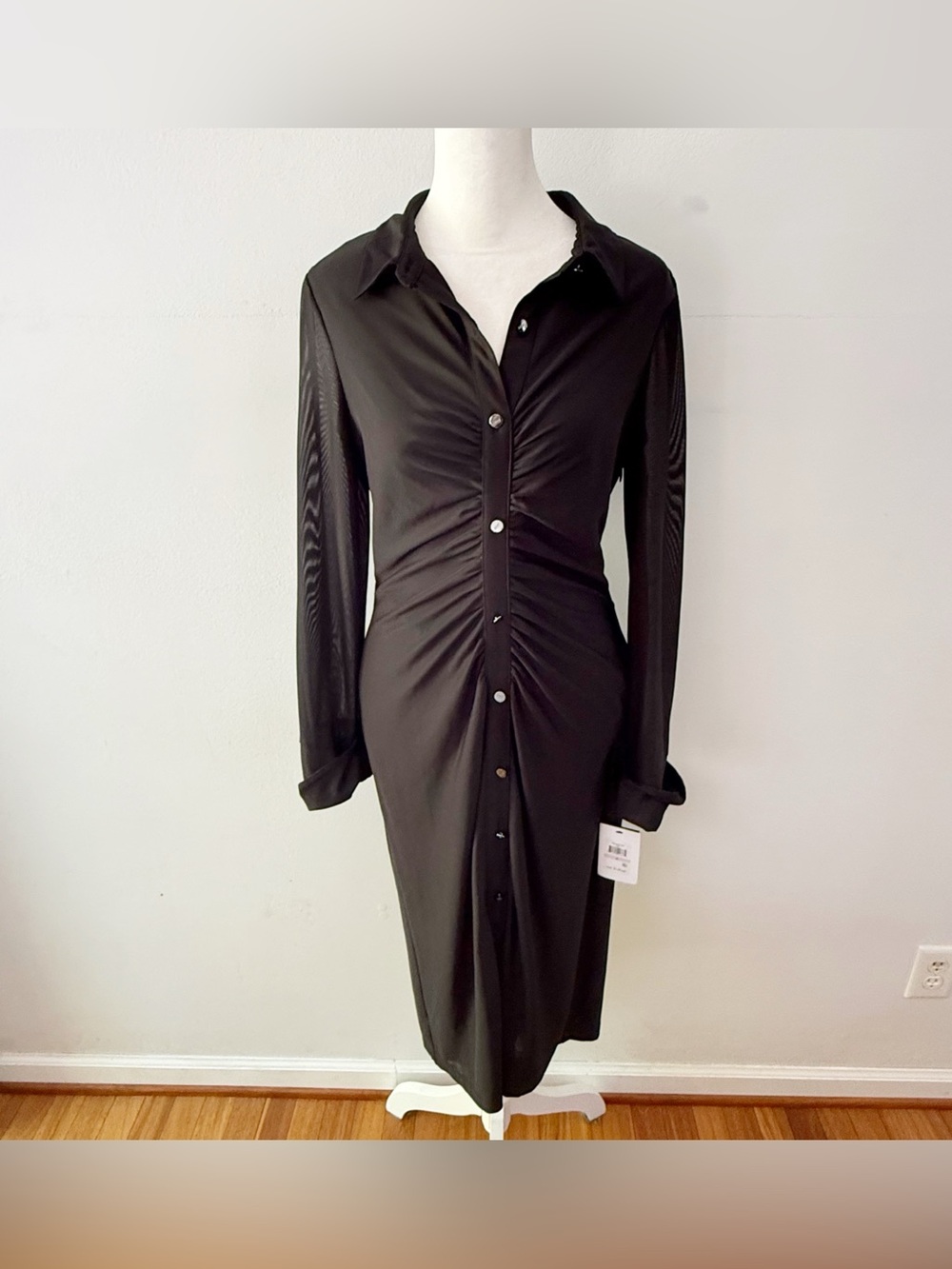 NWT DKNY Women Mesh Button Down Dress Size 6 Office Career Baddie Modest Neutral